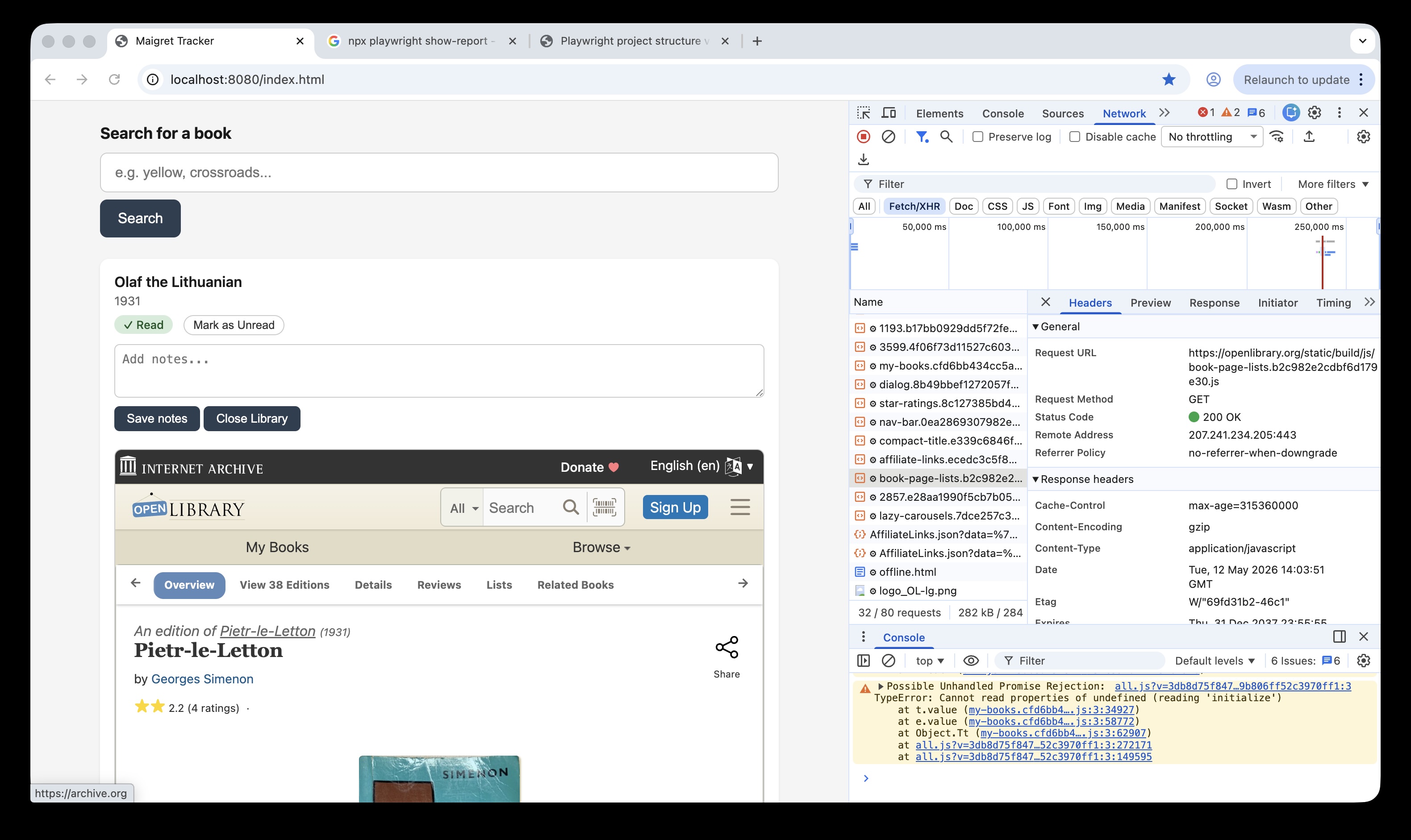 An example book card with the Open Library data displayed in an iframe