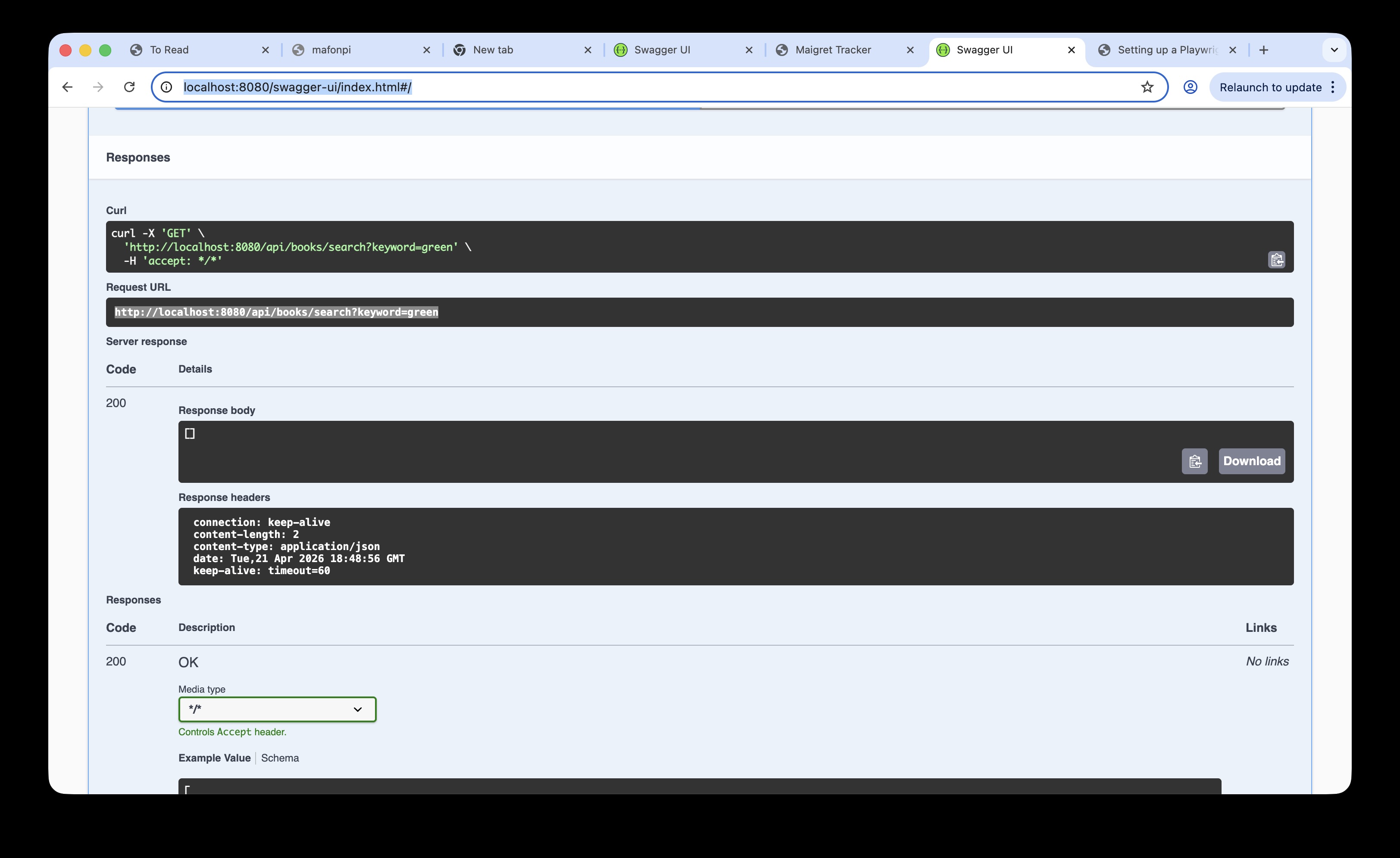 Swagger showing the **/api/books/search** request and response api