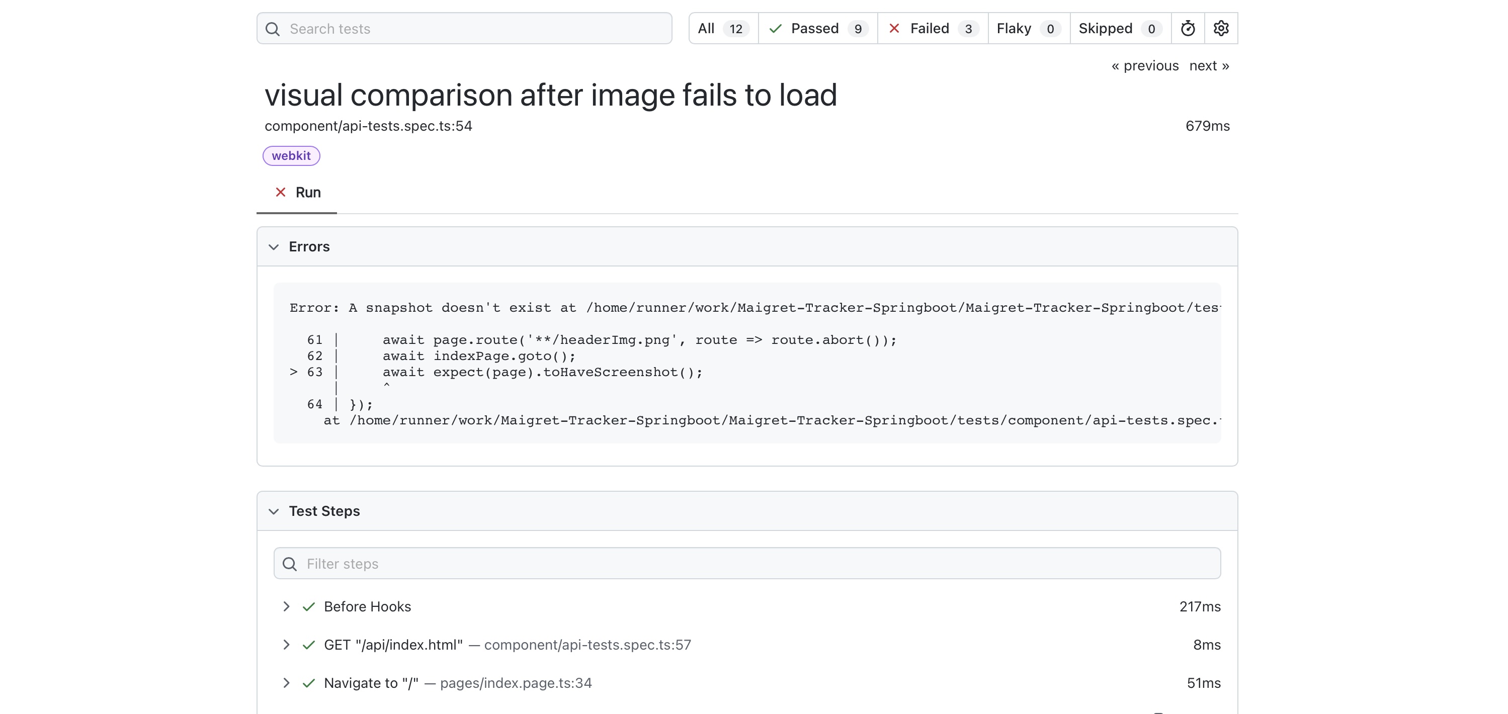 Github Actions report for failed visual comparison test